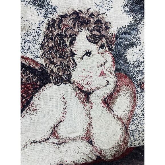 Vintage Cherub Thick Tapestry Throw Blanket Fringe Baby Angel American Weavers - Picture 3 of 9